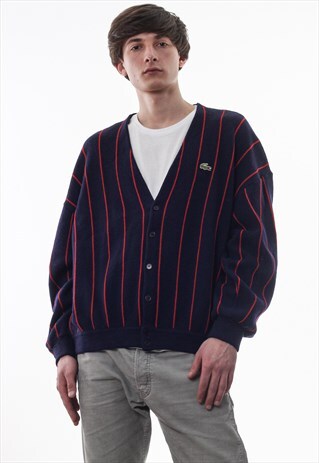 VINTAGE LACOSTE CARDIGAN SWEATER 90S NAVY BLUE RED STRIPED
