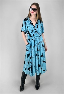 70's Vintage 70's Virgine Of Paris Blue Black Midi Dress