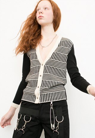 VINTAGE LOUIS FERAUD KNITTED BLACK WHITE CARDIGAN BUTTON UP
