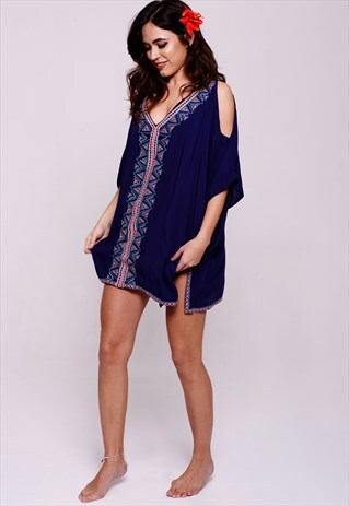 SAVASANA COLD SHOULDER EMBROIDERED COTTON KAFTAN NAVY