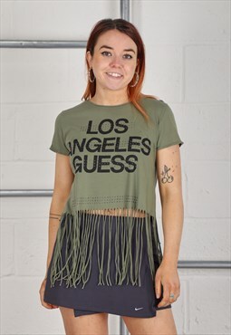Vintage Guess T-Shirt in Green Crewneck Cropped Tee Medium