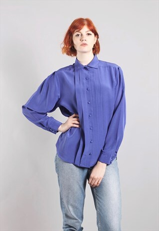VINTAGE 80S BLUE PLEATED BLOUSE