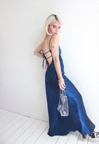 VINTAGE 90S /Y2K SHINY BLUE LONG STRAPPY DRESS