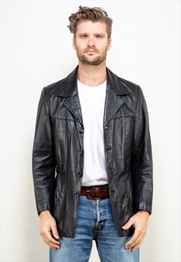 Vintage 70's Men Leather Blazer Jacket in Black