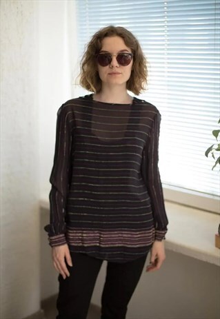 VINTAGE 70'S BLACK GLITTER STRIPED LONG SLEEVED BLOUSE