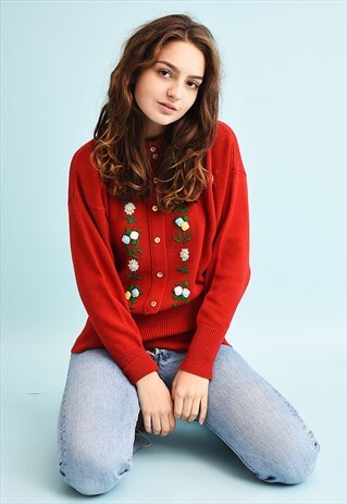80'S RETRO FLORAL EMBROIDERED MOMS KNIT JUMPER