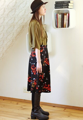BLACK A LINE SKIRT WITH BRIGHT FLOWERS