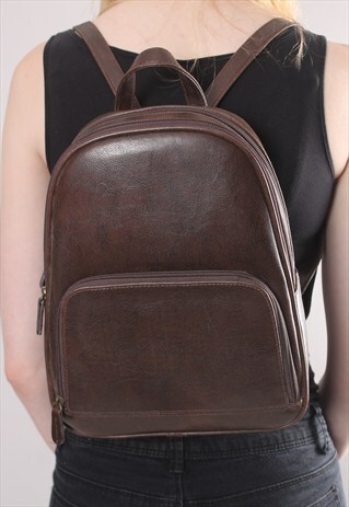 VINTAGE 90S BROWN FAUX LEATHER BACKPACK RUCKSACK BAG