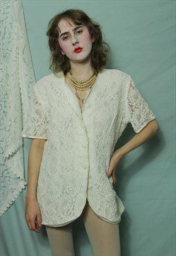 Vintage White Lace Short Sleeve Blazer Size 16