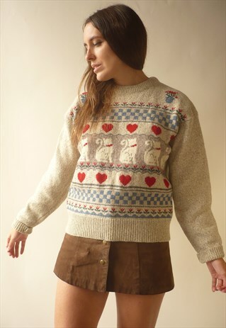 1980'S VINTAGE NOVELTY CAT & HEART PATTERN WOOL BLEND JUMPER