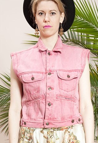 RED DENIM VEST, HIPSTER SLEEVELESS VINTAGE GILET