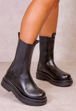 Stacey stacked boots in black faux leather