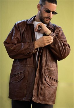Vintage 90s Yves Saint Lauren Leather Jacket in Brown XL