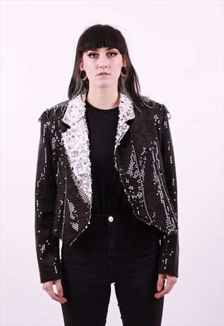 VINTAGE 90'S BLACK & SILVER SEQUIN DISCO JACKET SIZE MEDIUM