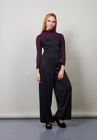 VINTAGE 70'S BLACK LACE DETAILED JUMPSUIT