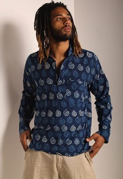 Vintage Abstract Crazy Jazzy Patterned Shirt Blue (RL)