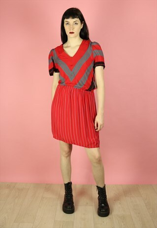 VINTAGE 80S CASUAL RED DRESS GREY BLACK STRIPE