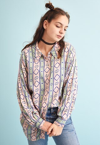 90'S RETRO ETHNIC PRINT OVERSIZED SHIRT TOP