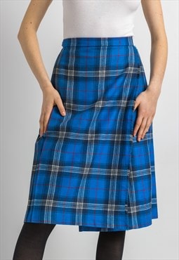 60s Vintage Scotland Tartan Plaid Blue Kilt Skirt 5954