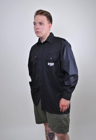 80S BLACK WORKER SHIRT, LONG SLEEVE WORK BUTTON DOWN