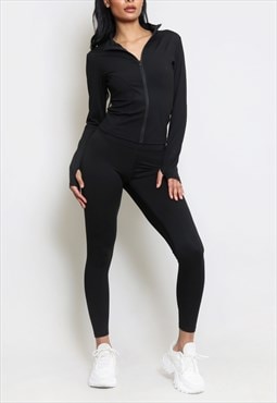 Zip Front Long Sleeve Top And Legging Set In Black