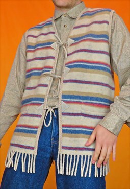 Vintage Striped Knit Fleece Gilet Fringe Wool Vest Waistcoat