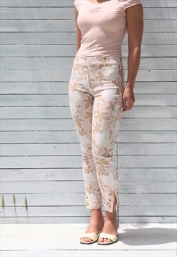 Deadstock pink printed leaves stretch skinny cropped pants