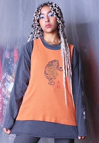 BRIGHT ORANGE YEAR OF THE TIGER RIBBED TANK