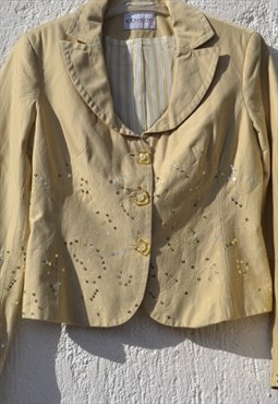 Vintage beige embroidered embellished sequin floral blazer
