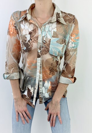VINTAGE 00S Y2K SHEER MESH GRAPHIC TEE TROPICAL PRINT SHIRT