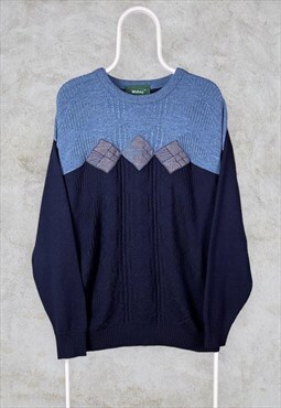 Vintage Wolsey Patterned Knit Jumper Blue Wool Medium