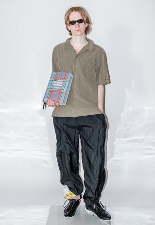 90's Vintage fine plaid print light shirt in muted greens