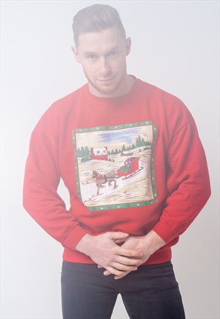 VINTAGE SLEIGH CHRISTMAS JUMPER SWEATSHIRT RED MEDIUM