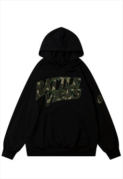 Battle slogan hoodie skater pullover grunge patch top black