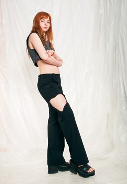 Vintage Flare Trousers Y2K Reworked Cut Out Pants in Black