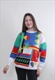 Vintage Multicolor cozy sweater, abstract knit shirt SMALL 
