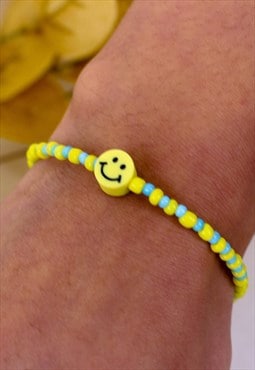 Smiley Face Green And Yellow Beaded Bracelet 90s Y2K