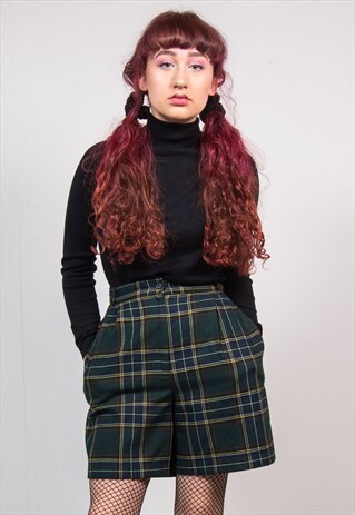 VINTAGE 90'S GREEN CHECKED TARTAN HIGH WAIST SHORTS