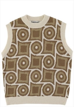 Geometric print sleeveless sweater preppy cardigan in brown