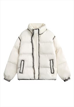 Asymmetric bomber jacket shiny puffer winter coat in cream