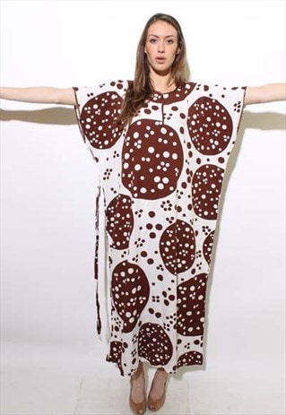VINTAGE 1970'S 70'S BROWN & WHITE POLKA DOT KAFTAN DRESS OS