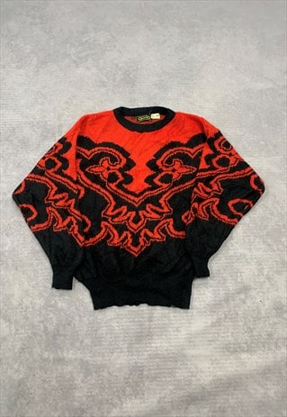 VINTAGE KNITTED JUMPER ABSTRACT PATTERNED GRANDAD SWEATER