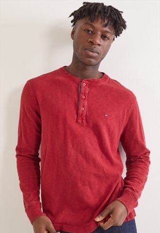 VINTAGE TOMMY HILFIGER 1/4 BUTTON UP LONG SLEEVE TOP RED