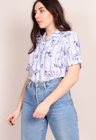VINTAGE 70S SHORT SLEEVE FLORAL STRIPED PRINT BLOUSE