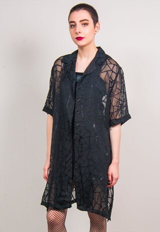 VINTAGE 90'S BLACK SHEER GLASS GRUNGE PATTERN SHIRT DRESS