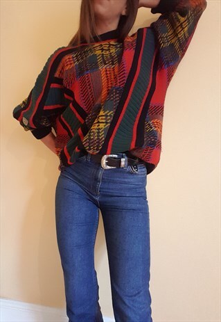 VINTAGE 80S STRIPE CHECK MULTICOLOUR KNITTED JUMPER
