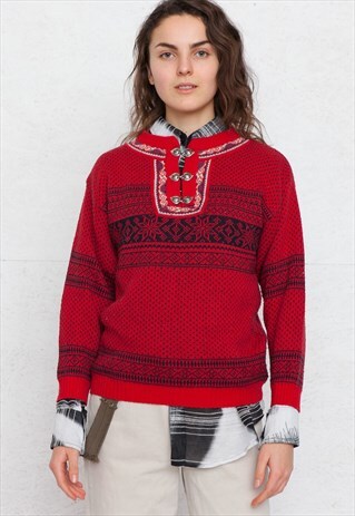 VINTAGE RED NORWEGIAN KNIT JUMPER SWEATER