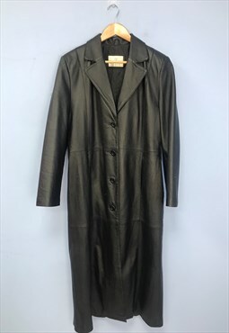 Vintage 00s Leather Jacket Black Mid Length Button