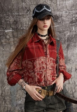 Bleached tie-dye shirt plaid patchwork blouse acid wash top