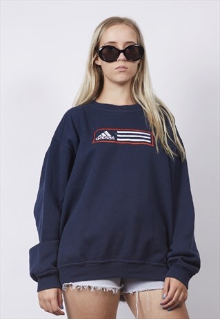 VINTAGE 90'S ADIDAS TRICOLOUR LOGO NAVY SWEATER